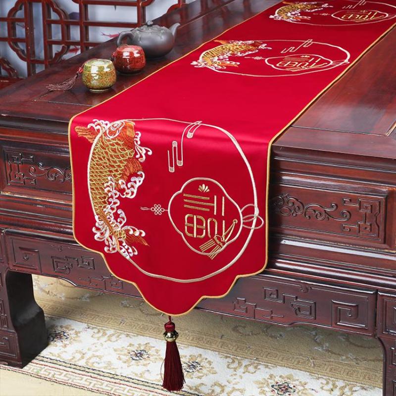 New Chinese Style Embroidery High-end Light Luxury Table Flag Tea Table TV Cabinet Dining Table Cloth Strip Cloth Tea Mat and Tablecloth