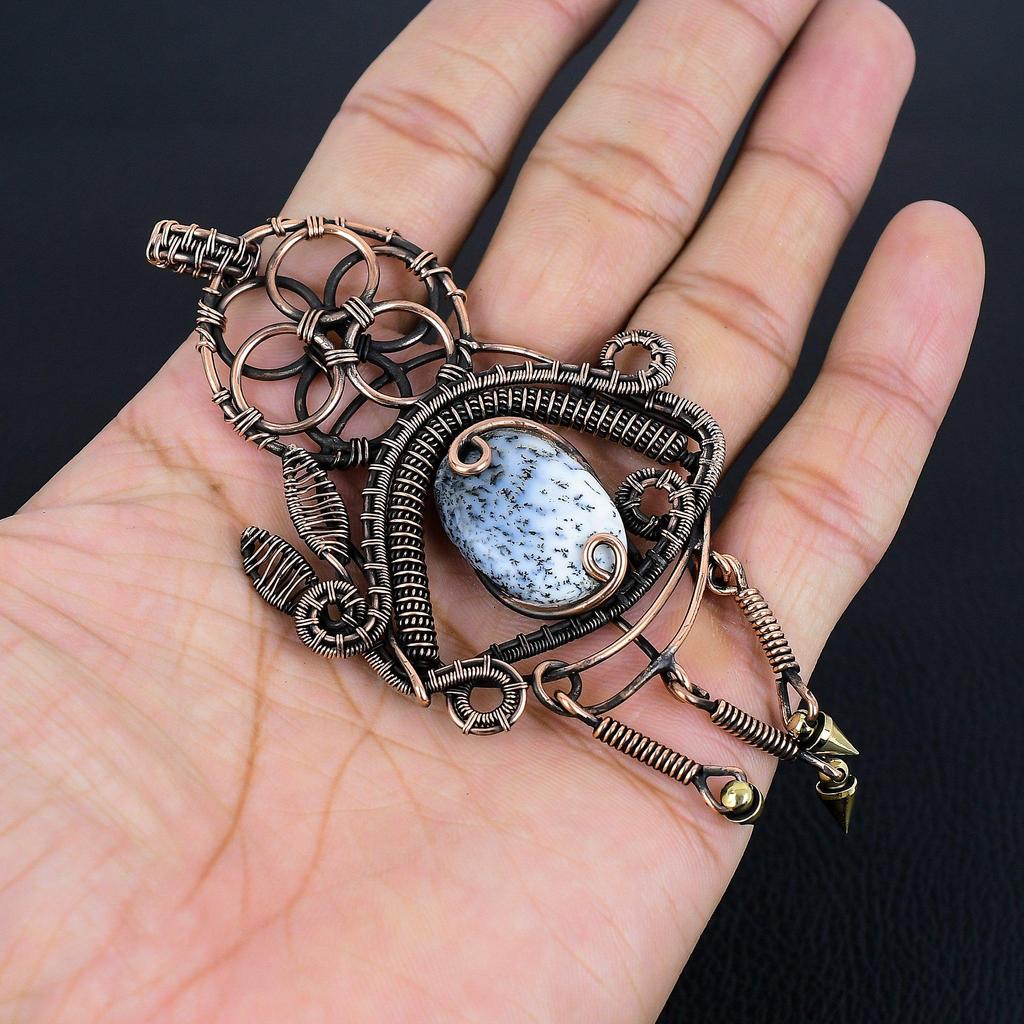 Dendrite Opal 999 Copper Wire Wrapped Pendant, Handmade Gemstone Jewelry Pendant Gift For Birthday