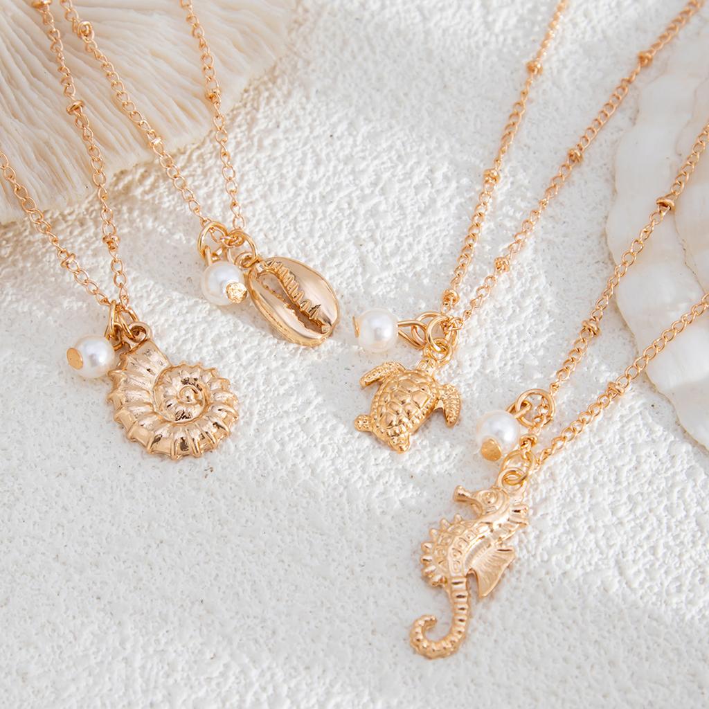 4 шт. Регулируемое ожерелье-подвеска с морскими шармами с шармами в виде черепахи и морского конька для повседневного пляжного стиля, шейные украшения