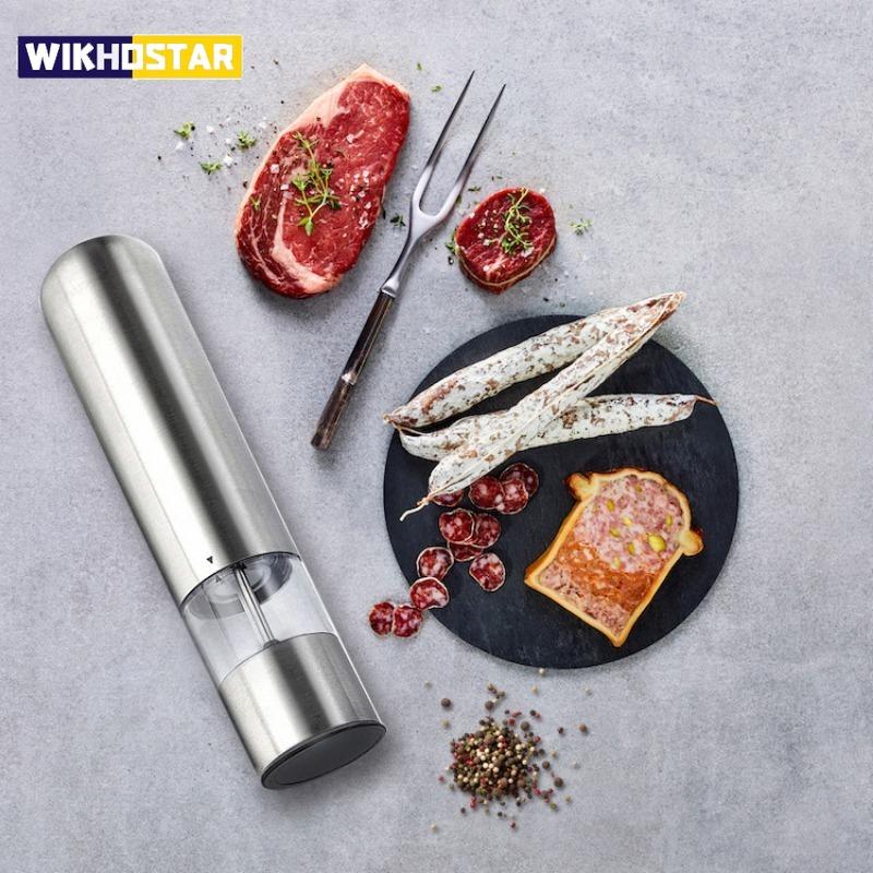 2PCS One-Button Electric Salt Pepper Grinder Set Easy To Use Stainless Steel Spice Mill With Light Automatic Weed Pepper Grinder