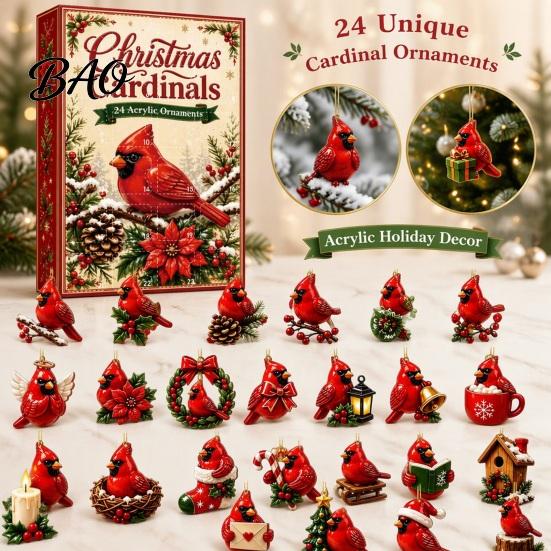 Holiday Countdown Decoration Red Bird Advent Calendar, 24-Day Christmas Set with Toy Ornaments, 2D Acrylic Tree Hanging Decor, Gift for Kids
