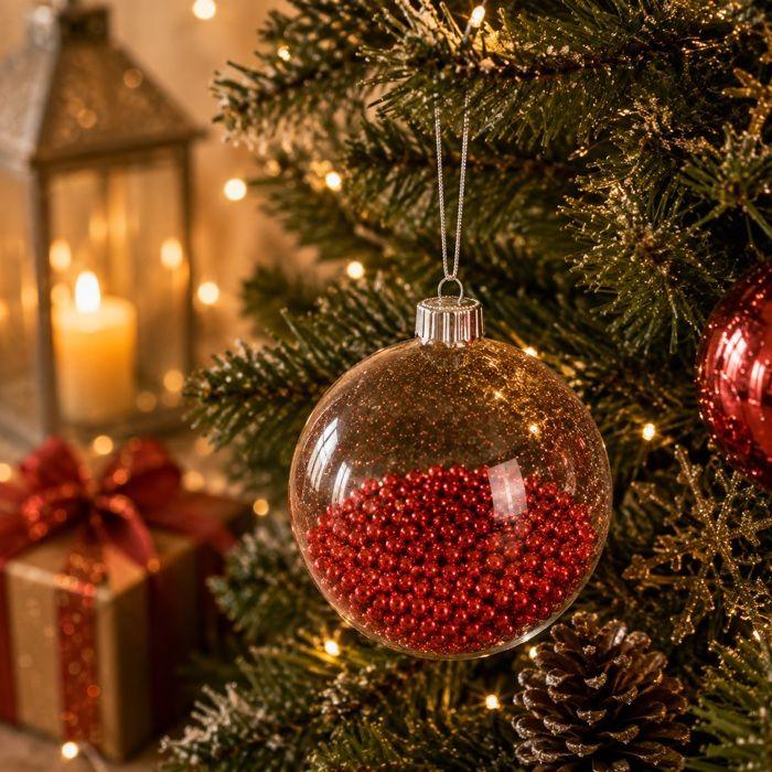 Boule de Noël - EDEN - Transparente - Ø 8 cm - Billes rouges - Intérieur