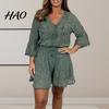 Flower Embroidery Clothes 2 Pcs/Set Women Top Shorts Set Hollow Out Lace V Neck Drawstring Daily Wear Suit Three Quarter Sleeves Elastic High