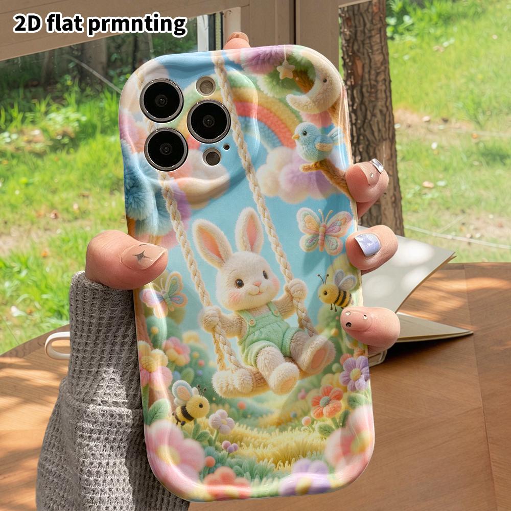 Phone case: 2D flat design suitable for iPhone 18 17 16 15 14 13 Pro protective case, little bunny on a swing, perfect Christmas and Halloween holiday