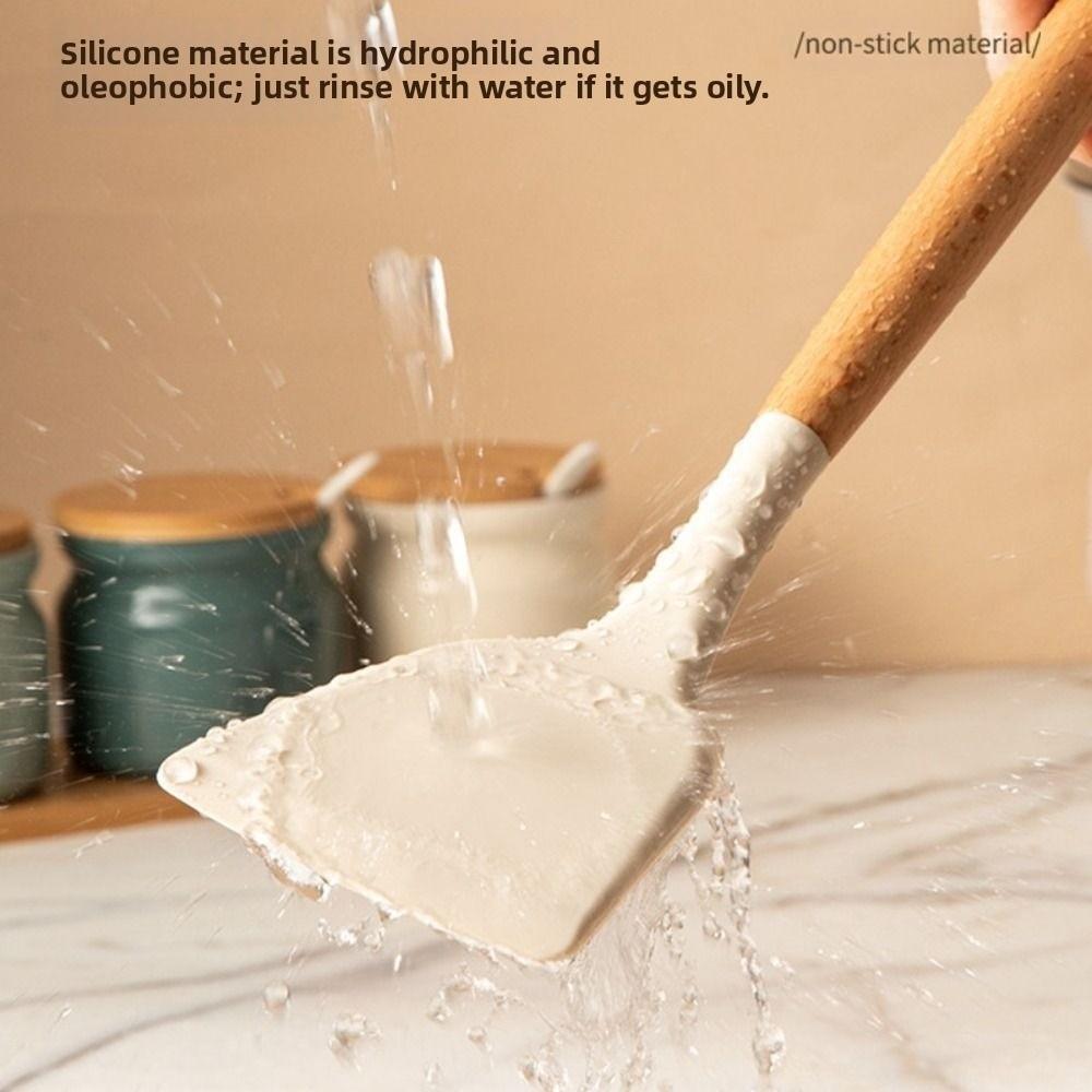 3Pcs Non-slip Silicone Spoon Shovel Heat Resistant Wooden Handle Non-Stick Spatula Hanging Beige Pot Spatula Set Household