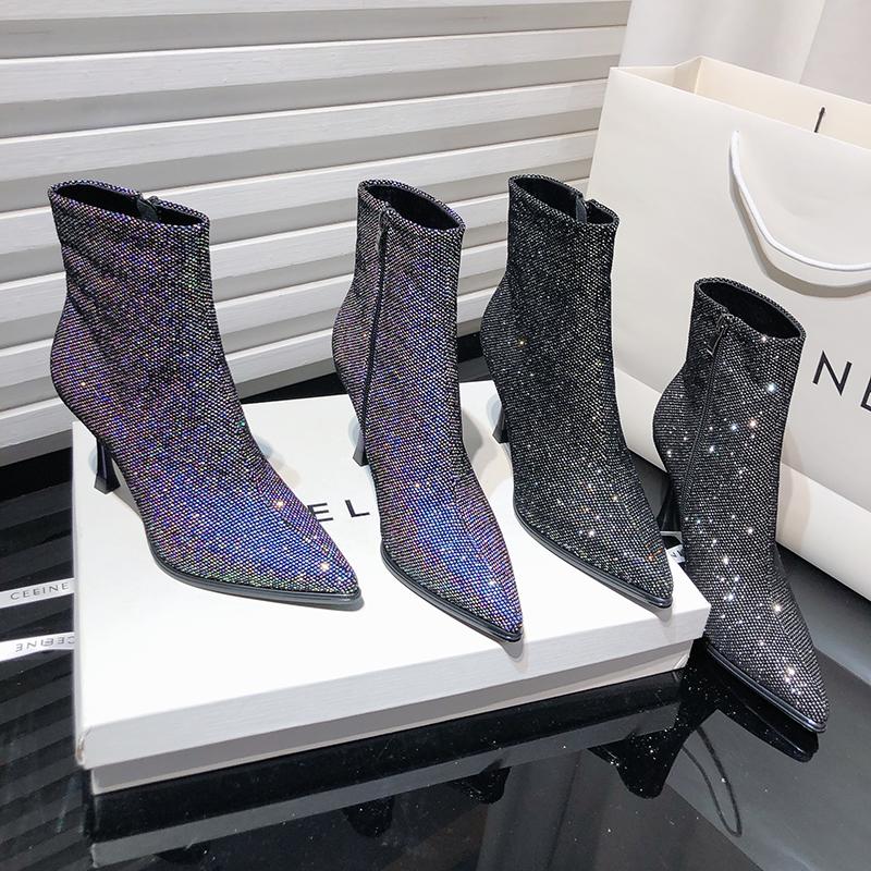 Мода Женские ботильоны с пайетками Модные короткие ботильоны с острым носком Осень-зима Женская обувь на высоком каблуке Botas Mujer