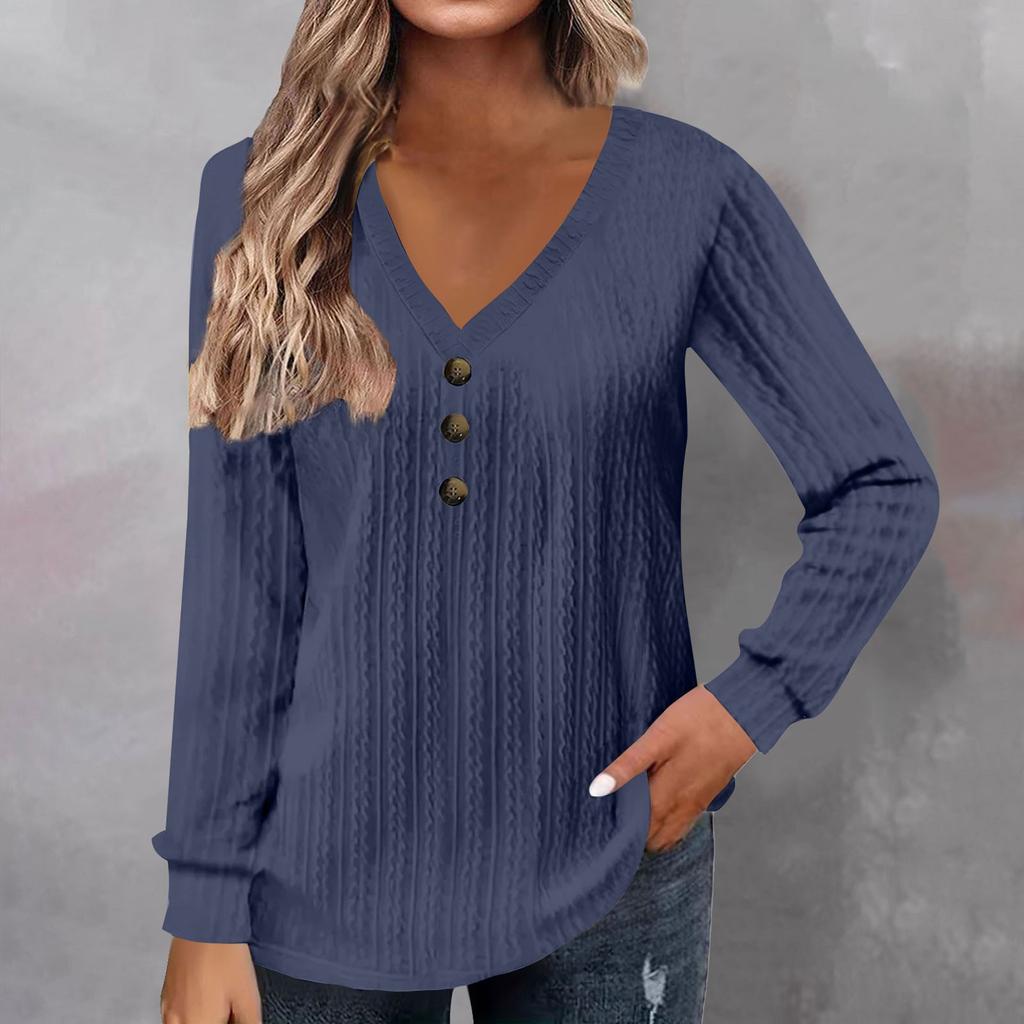 Women's Fashion Long Sleeve Solid Colour V-Neck Button T-Shirt Printed Casual Top