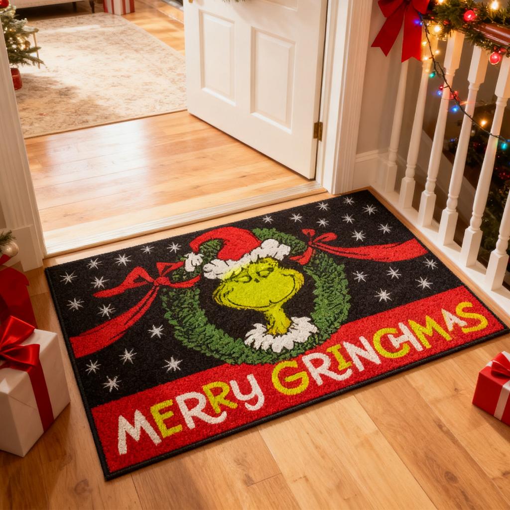 Christmas Cartoon Character Decorative Front Door Mat, Green Xmas Welcome Doormat Indoor Outdoor Non- Floor Entryway Rug, Funny Winter Holiday Home K