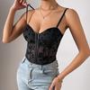 Women's Spice Girls Low-cut See-through Halter Splicing Mesh Fishbone Waistband Short Top