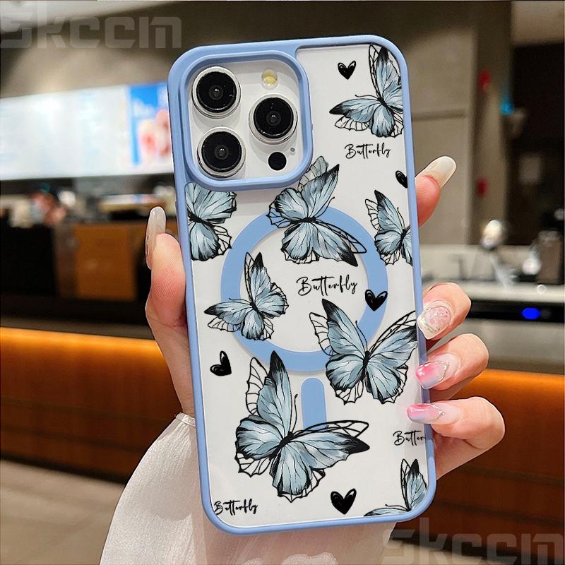 Butterfly Magnetic Transparent Phone Case For iPhone 16 15 14 13 12 11 Pro Max XS X XR 16E Matte Wireless Charge Cover