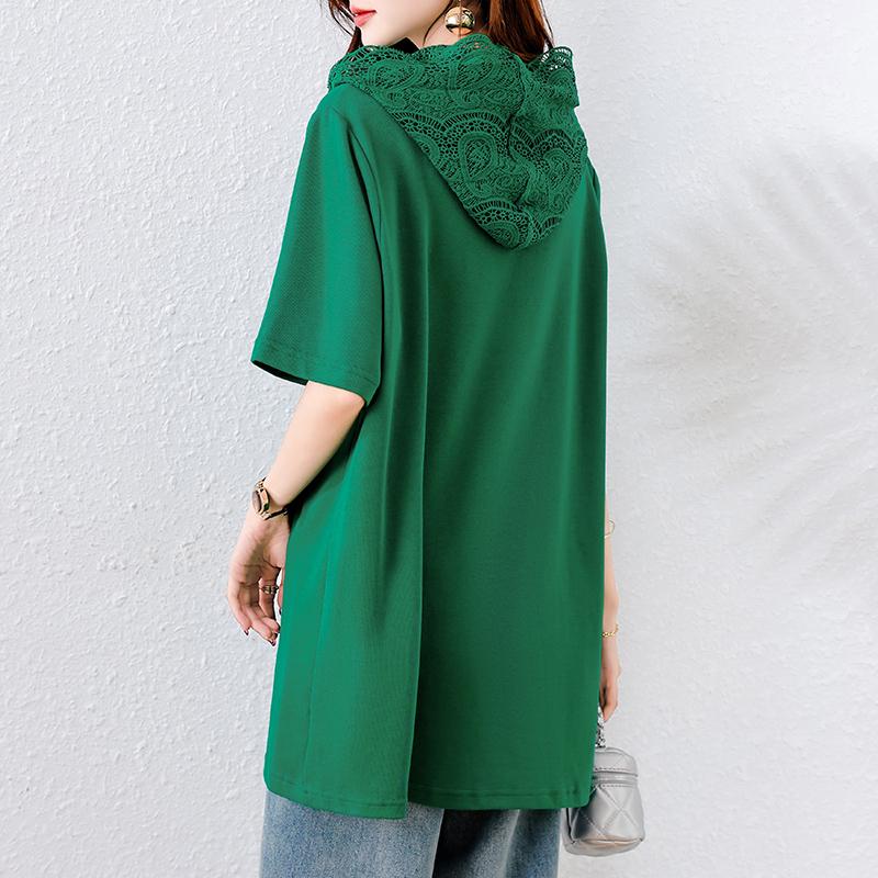 DIMANAF 2025 Летние Повседневные Женские Футболки Большого Размера с Коротким Рукавом, Кружевные Толстовки с Капюшоном, Топы, Свободная Рубашка