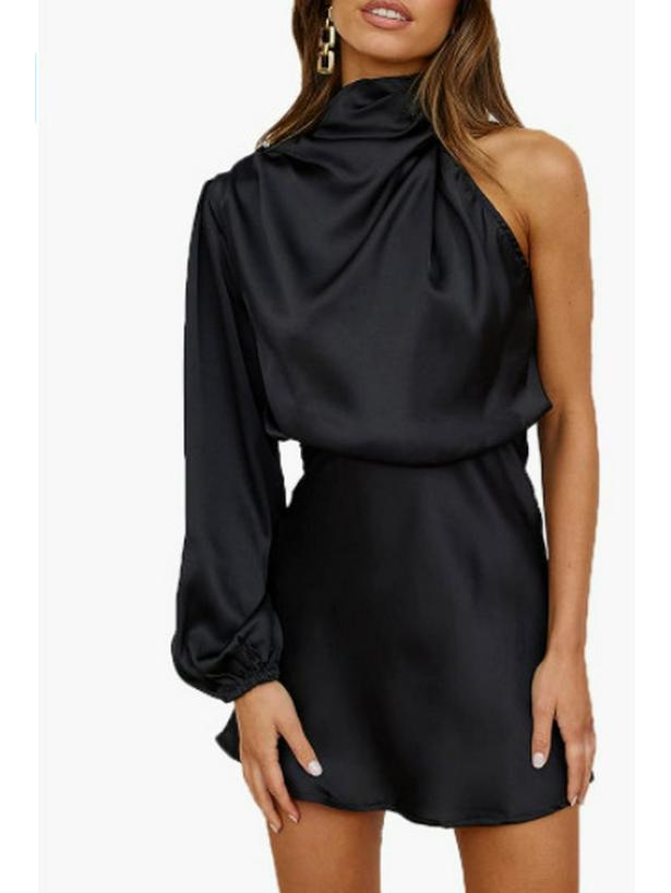 Весеннее женское мини-платье из сатина на одно плечо с длинными рукавами 2024