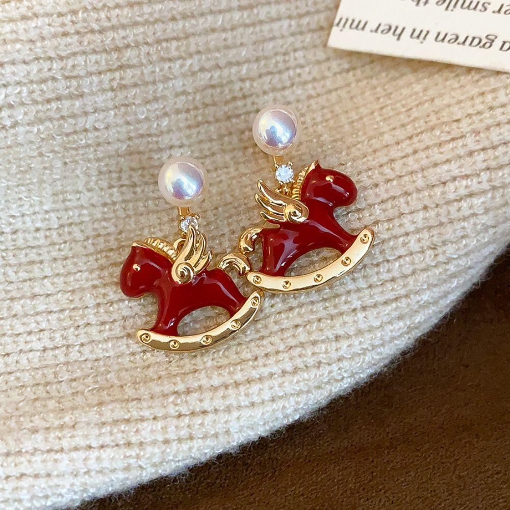 Китайский Новый год Лошади Мультяшные серьги-лошадки Зодиакальный пони Красные серьги-капли Дама
