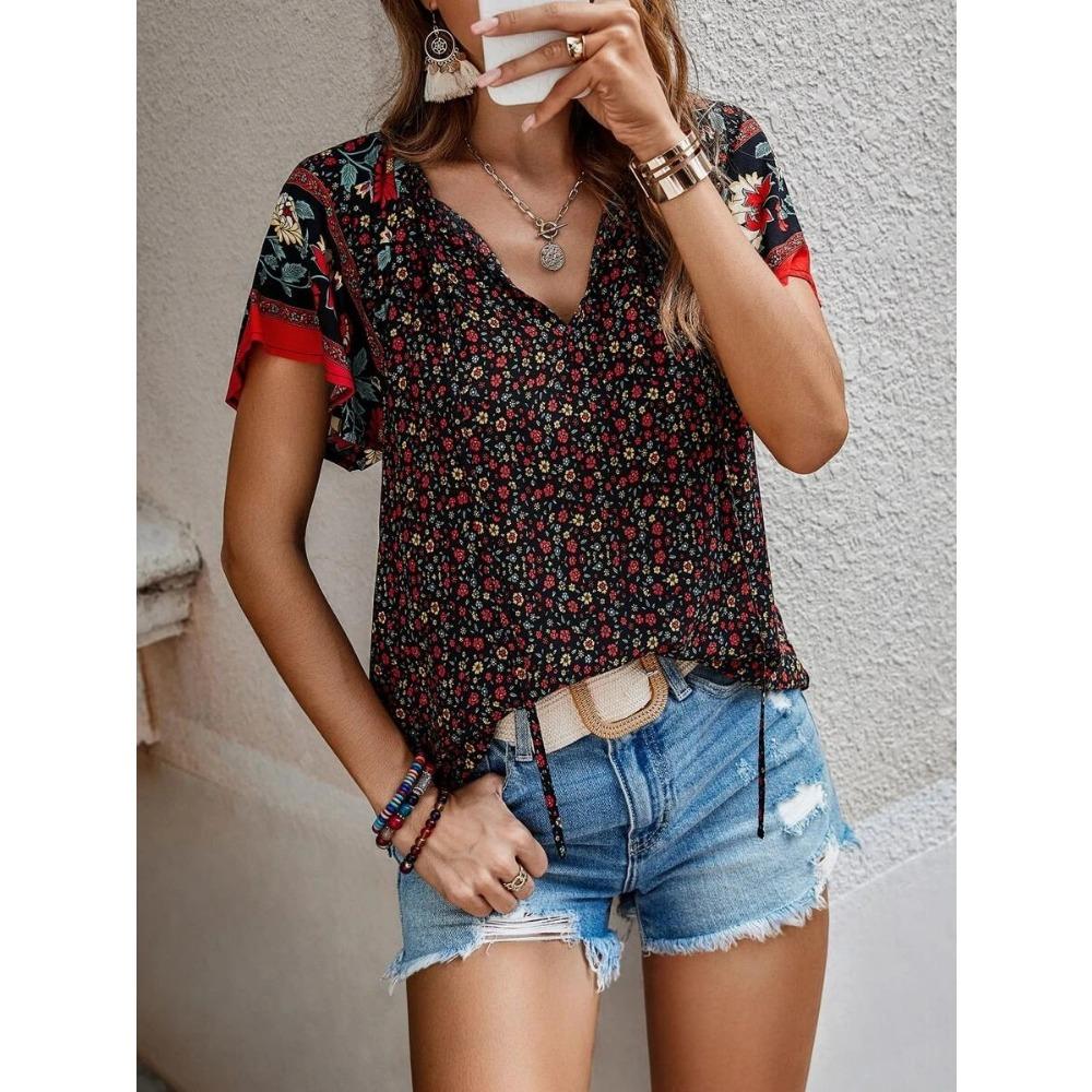 IHUASU Women's Summer Casual Style Print V-neck Short-sleeved Loose Shirt