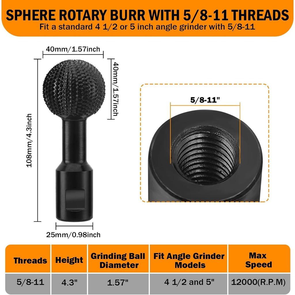 Sphere Rotary Burr,Wood Carving Tools with 5/8-11 Threads for 4 1/2 and 5 Inch Angle Grinder,Carbon Steel Ball Gouge Grinding Head for Stump