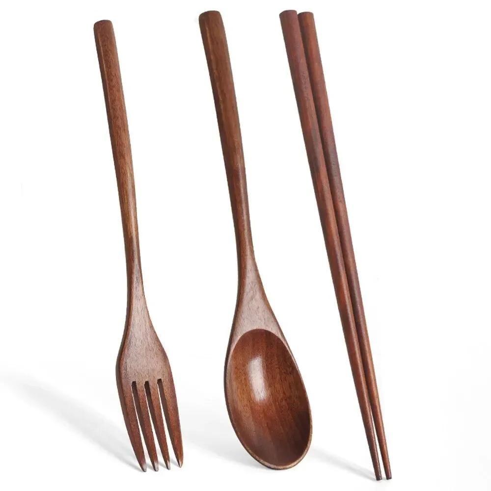 Non-Slip Wood Dinnerware Long Handle Spoon Chopsticks Fork Set Japanese Style Ramen Tableware Set for Home Kitchen Cutlery Set