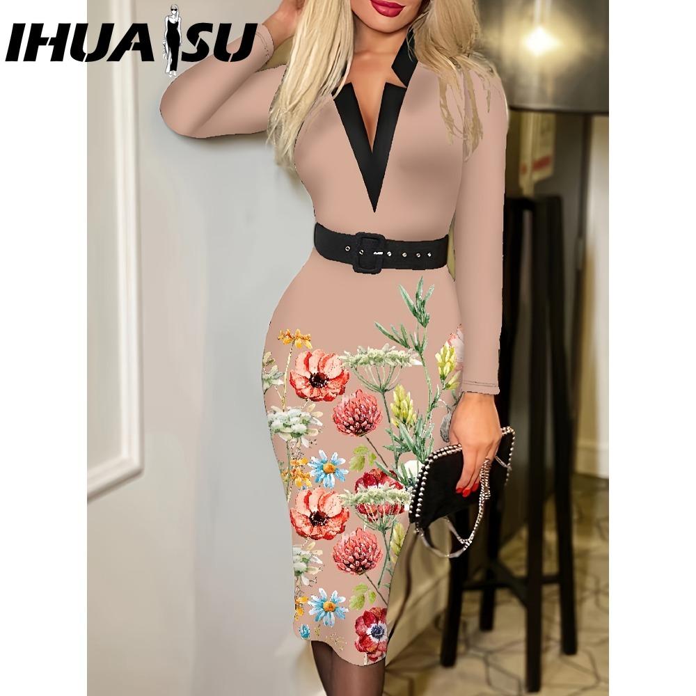 IHUASU Женская мода весенне-осенние повседневные платья с длинным рукавом и v-образным вырезом с высокой талией