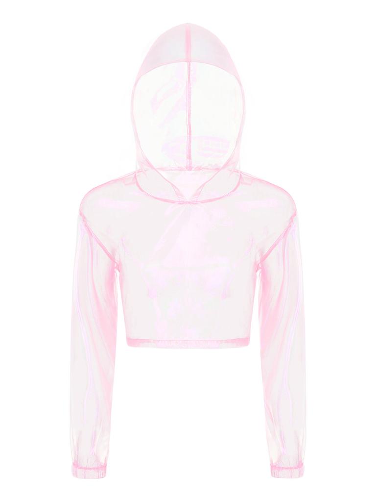 Womens Sparkly Sheer Top Hooded Long Sleeve Cropped Design Loose Fit Tops Club Rave Party
