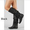 Women Leather Mid Calf Boots Casual Slip On Autumn Winter Wedge Long Fashion Pleated Round Toe Black High Female