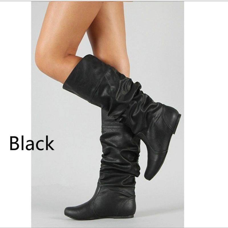 Women Leather Mid Calf Boots Casual Slip On Autumn Winter Wedge Long Fashion Pleated Round Toe Black High Female
