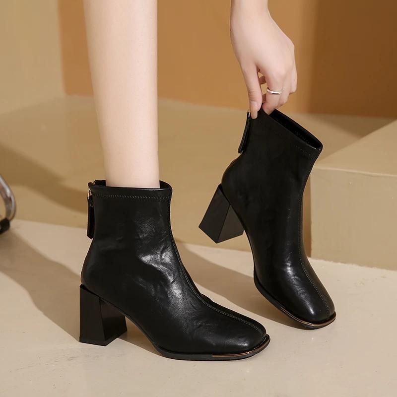Распродажа женской обуви 2024 года, модные женские ботинки на молнии, зимние, с острым носком, однотонные, короткие, на толстом каблуке, ботинки Botas De Mujer