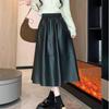 Женская юбка А-силуэта из искусственной кожи ПУ средней длины 2024: Осень/Зима Мода, Эластичная Талия, Универсальный Темперамент, Свободный Крой Дизайн «Зонтик»