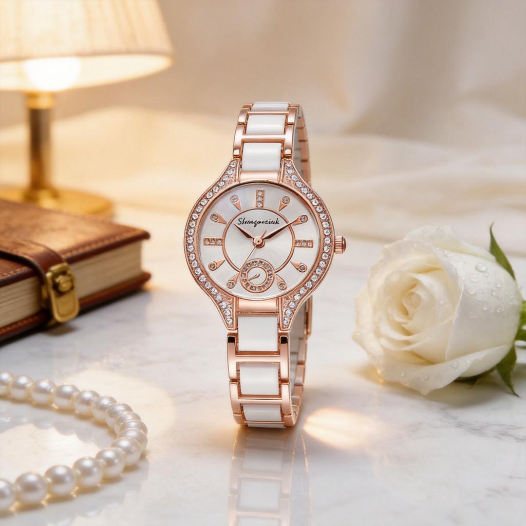 Fashion Alloy Ceramic Quartz Watch With Steel Band For Women