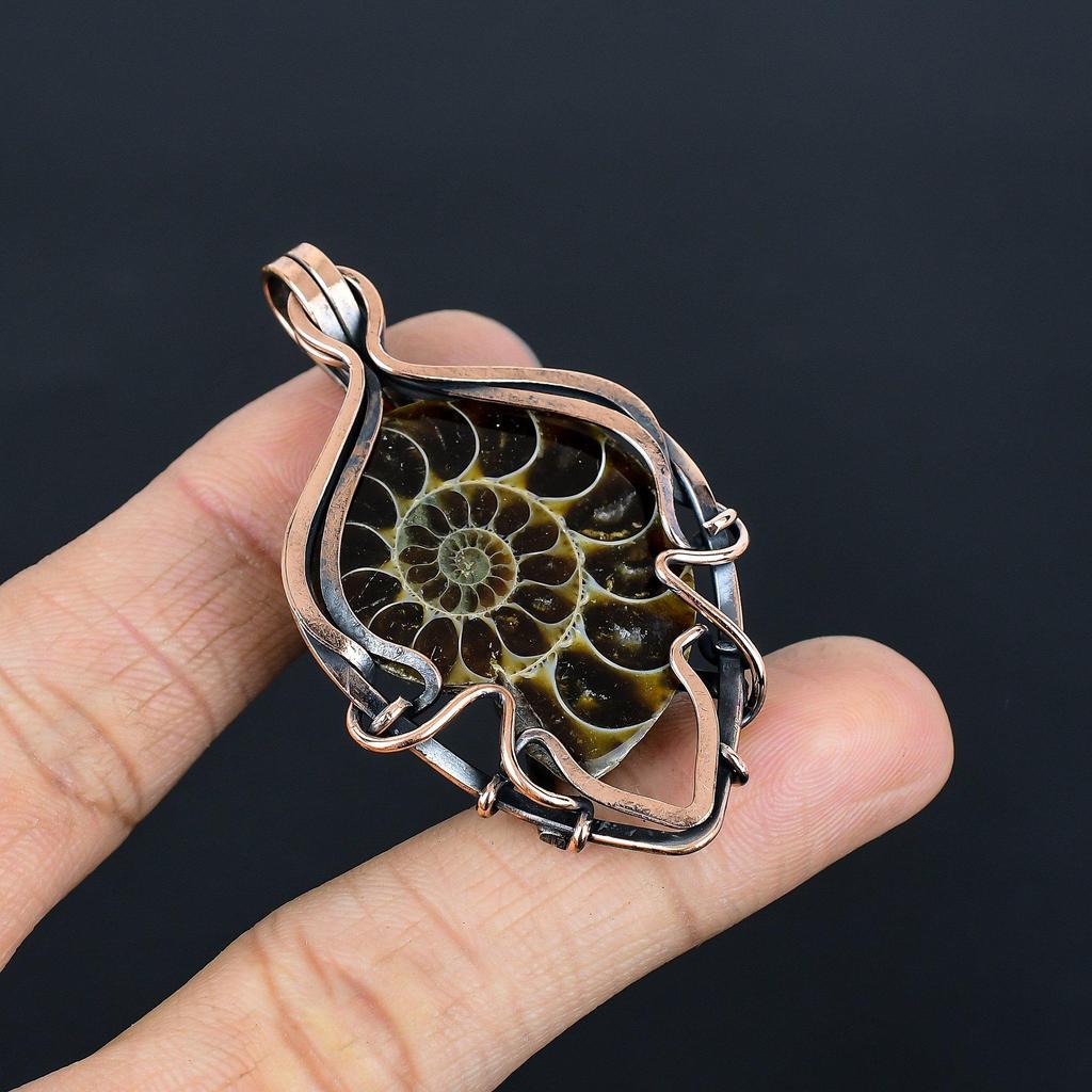 Ammonite Fossil 999 Copper Wire Wrapped Pendant, Handmade Gemstone Jewelry Pendant For Memorial Day
