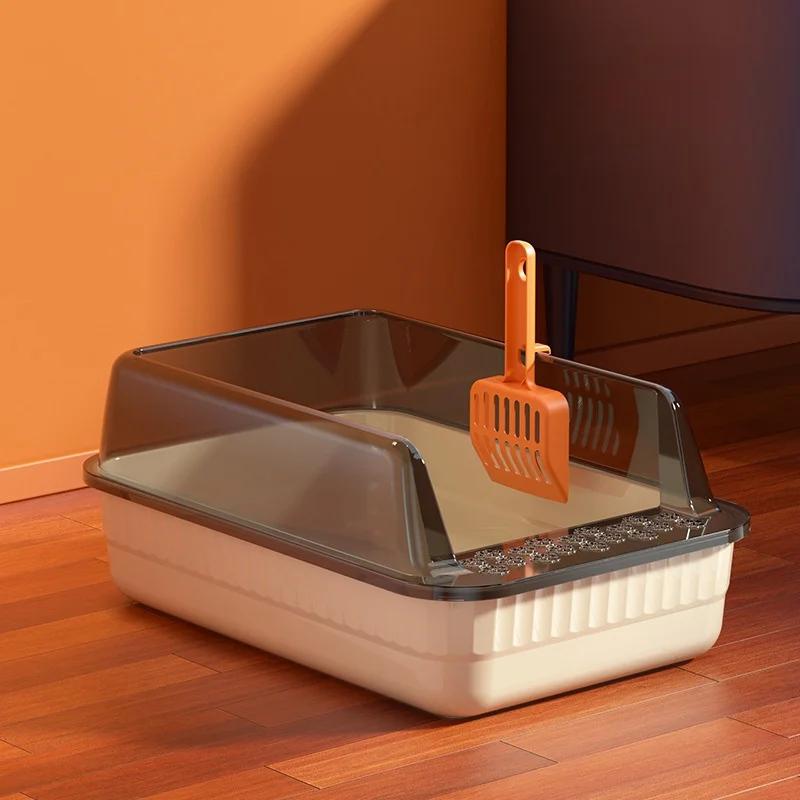 Semi-enclosed Cat Litter Box Large Capacity Cat Bedpans Anti-Spill & Sand-Leakage Pet Toilet Plastic Cat Sandbox Sanitary Tray