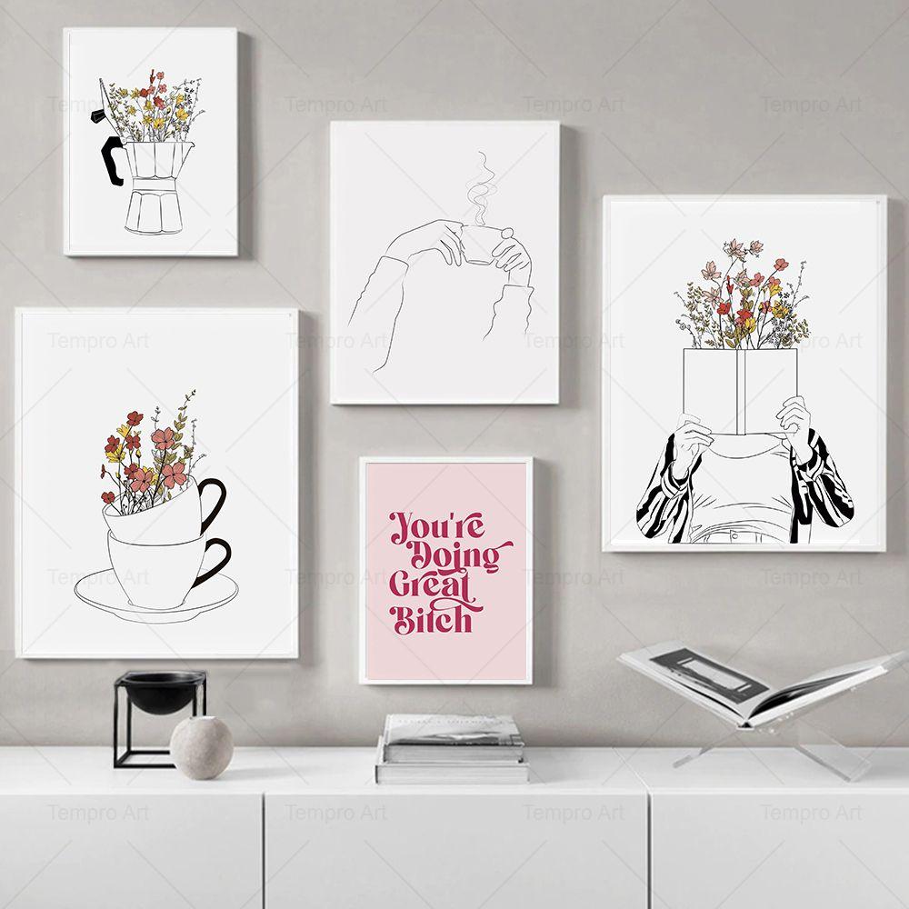 Funny Girl Reading Cocktail Coffee Posters Coffee Art Print Nordic Wall Art Canvas Painting Pictures Kitchen Cafe Bar Home Decor