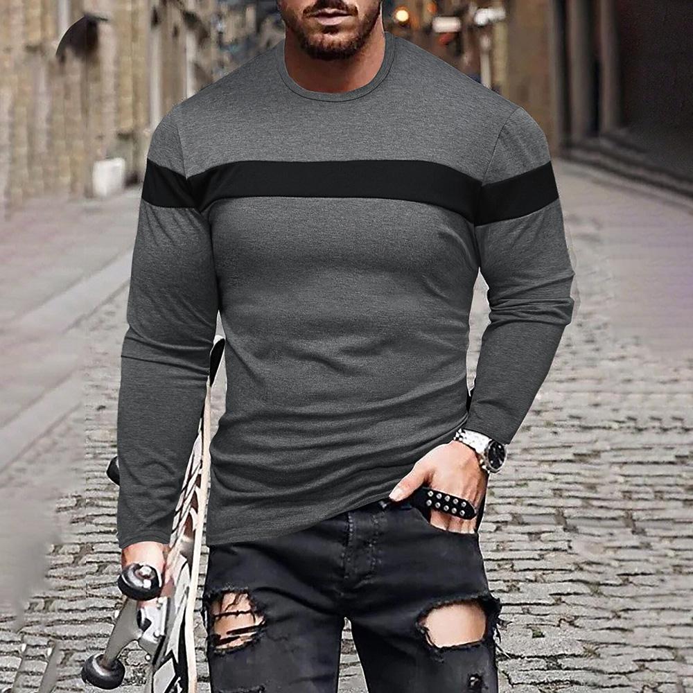 Модная осенняя мужская футболка с длинным рукавом, полосатая футболка с круглым вырезом и принтом, одежда 2024 года, модная уличная мужская спортивная футболка