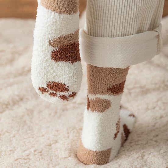 5 Pairs Women Socks Thick Coral Fleece Cartoon Cat Paw Shape Color Matching Mid Tube Elastic Anti-slip Warm Daily Home Wear Socks
