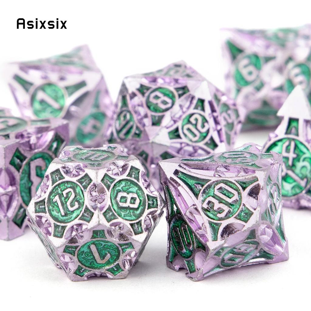 7 шт. фиолетовые, зеленые металлические кубики, набор твердых металлических многогранных кубиков, подходящий для ролевой ролевой игры, настольной игры, карточной игры