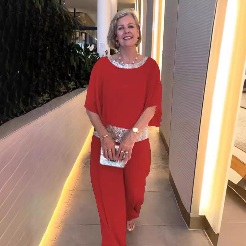 Женский комплект с круглым вырезом, расшитой пайетками, рубашка в стиле летучая мышь, широкие брюки в стиле колор-блок