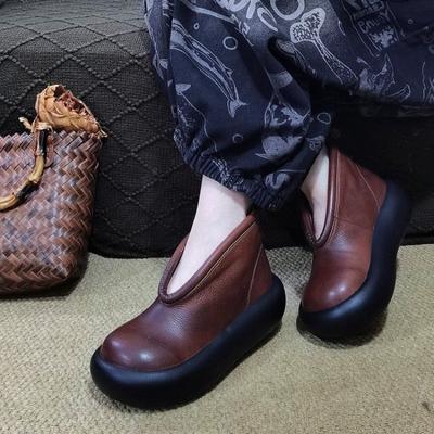 Женские повседневные туфли на платформе из кожи с круглым носком и толстой подошвой, ретро ботильоны до щиколотки из коровьей кожи высшего качества, полностью ручной работы, одинарные крутые ботинки