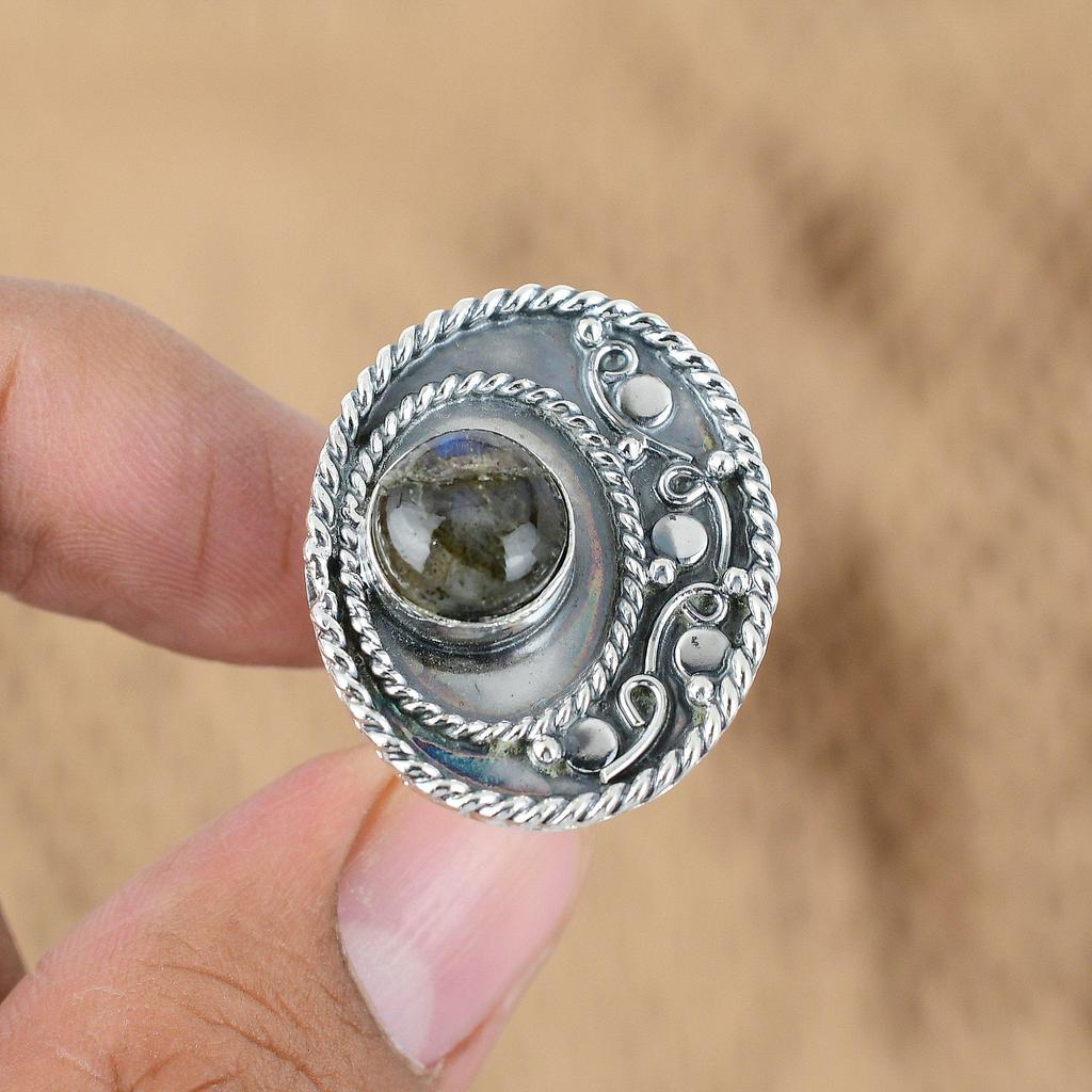 Natural Labradorite Gemstone Promise Blue Adjustable Ring 925 Sterling Silver