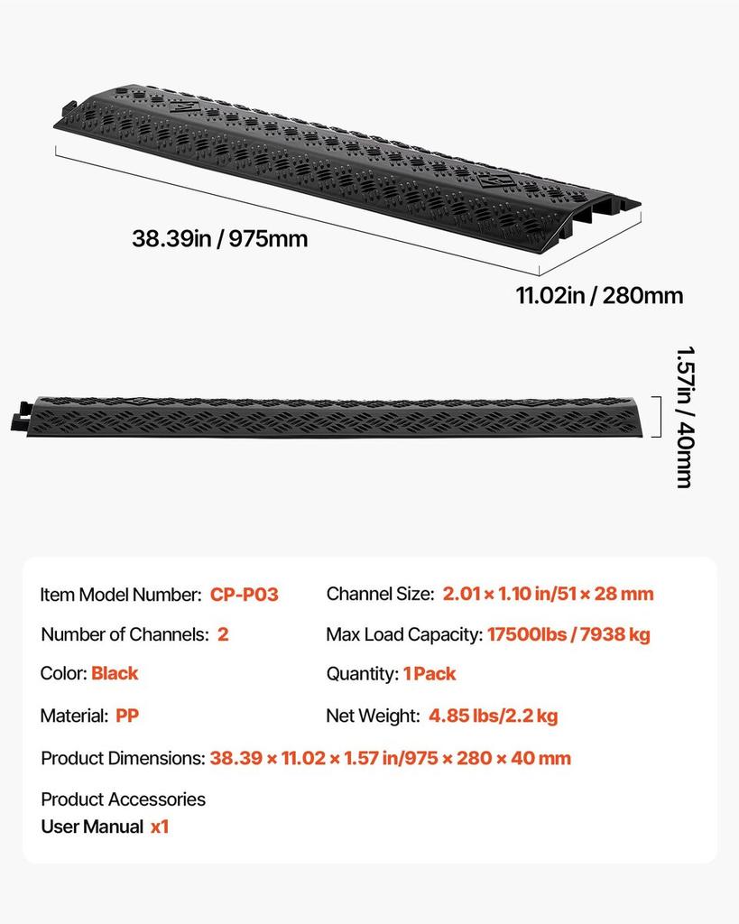 Drop Over Cable Cover, 7,938 kg/Axle Load Capacity, Heavy Duty Cable Hose Protector Ramp, Floor Cord Cover, for High Walking Traffic Areas, Indoor,