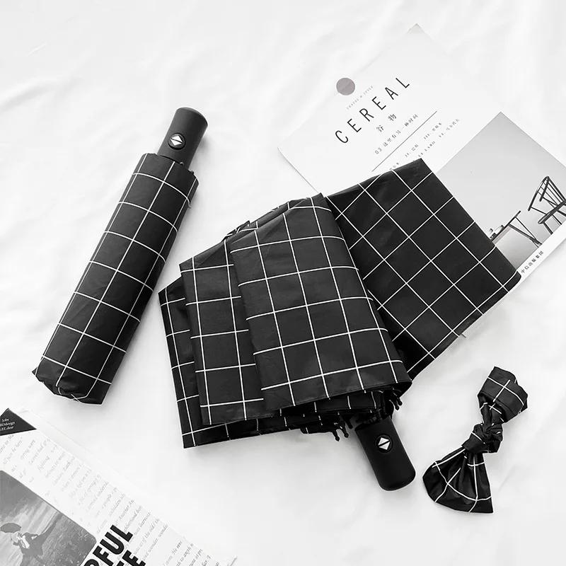 Grid Ain & Sun Umbrella Black Coating Parasol Anti 3 Folding Wind Resistant Big Windproof Women Men 8Ribs