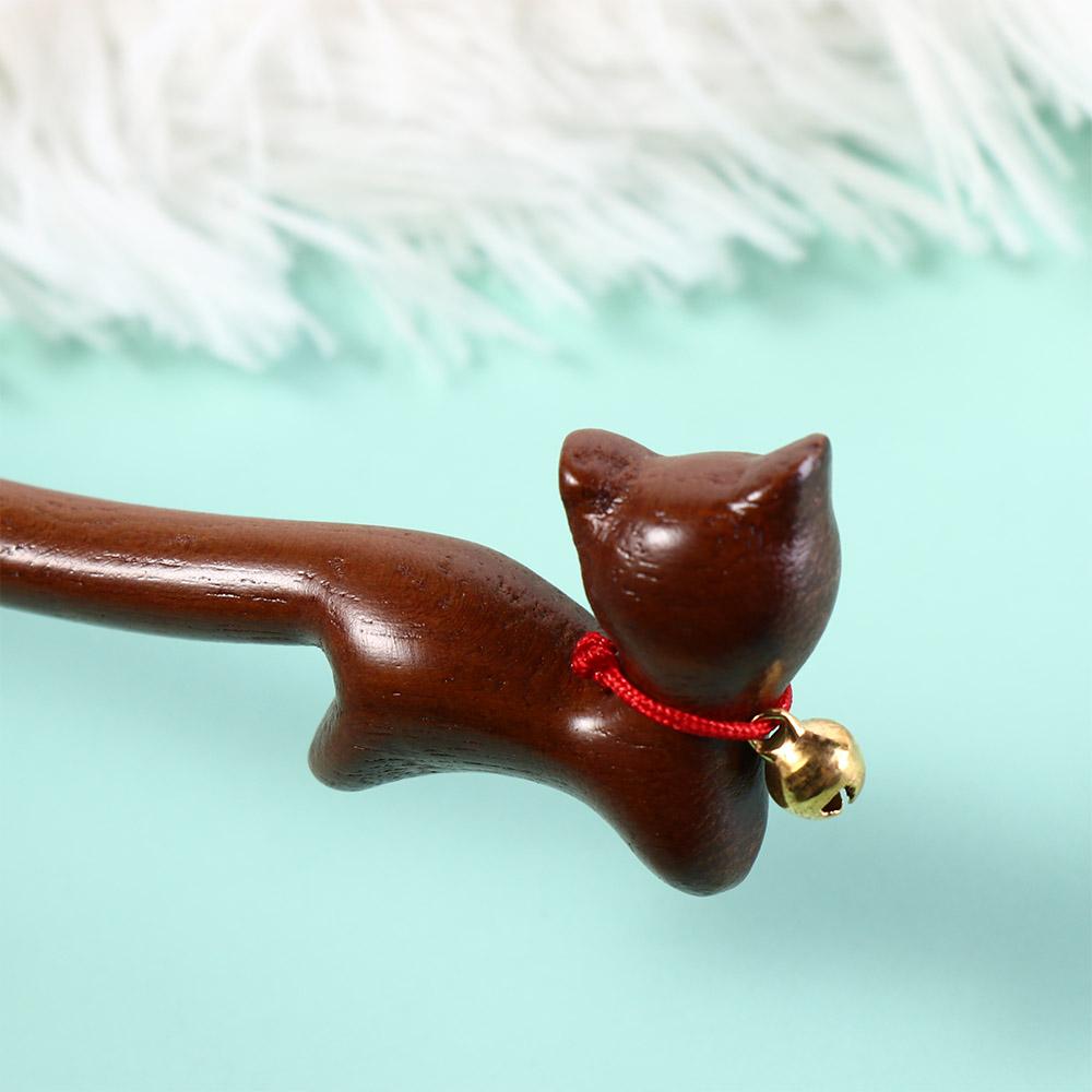 Wooden Chinese Hanfu Style Hair Clip Bell Cartoon Aniaml Hairpin Elegant Cat Hair Stick  Hanfu
