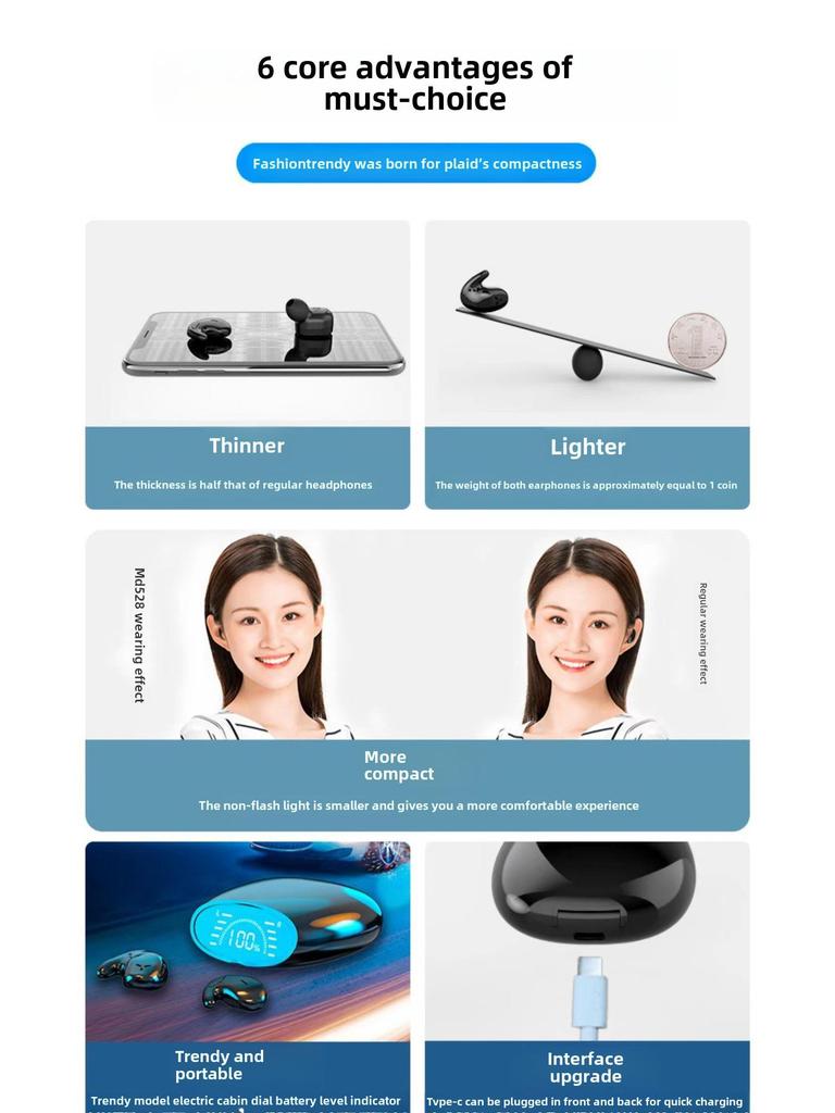 Bluetooth-гарнитура MD528: TWS Dual-Ear Удобная накладная гарнитура для сна, длительное время работы от аккумулятора.