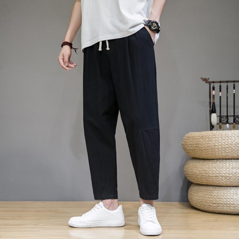 Mens Loose Straight Leg Cotton Linen Blend Pants Solid Color Casual Trousers Fashion