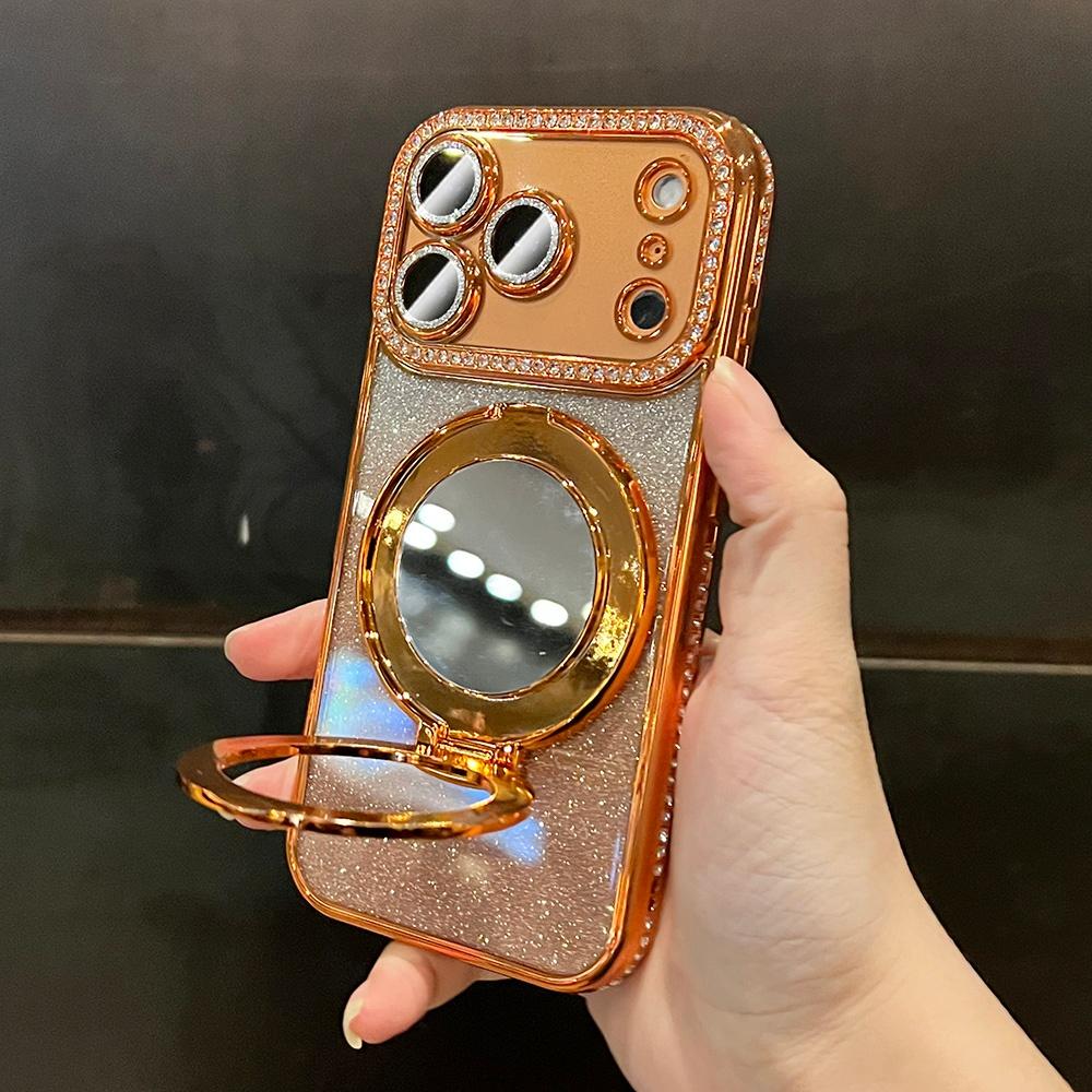 Gradient Glitter For Magsafe Magnetic Mirror Stand Holder Case For iPhone 13 14 15 16 17 Pro Max Bling Diamond Shockproof Cover