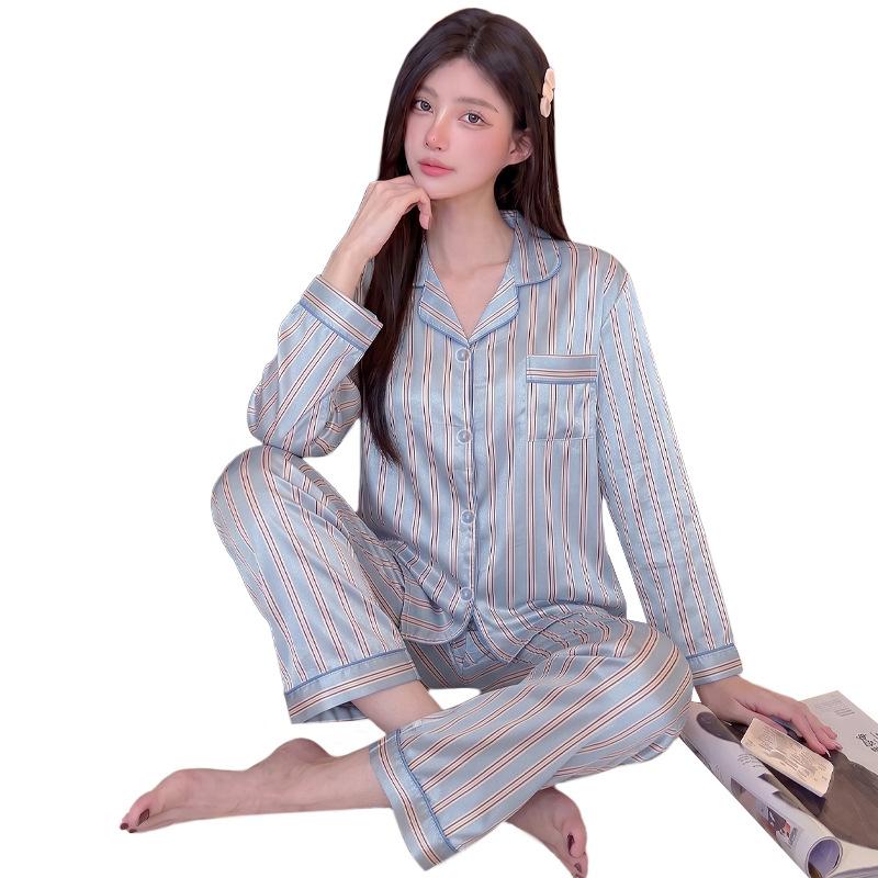 Ice silk new small fresh striped pajamas women's ins style autumn long-sleeved loungewear casual satin suit