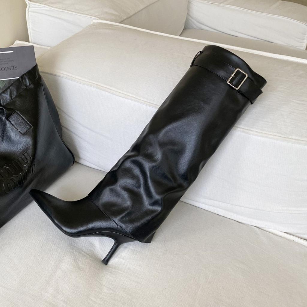 Нишевый французский темперамент острый носок брюки ботильоны женские 2025 осень новая мода высокие тонкие ботинки