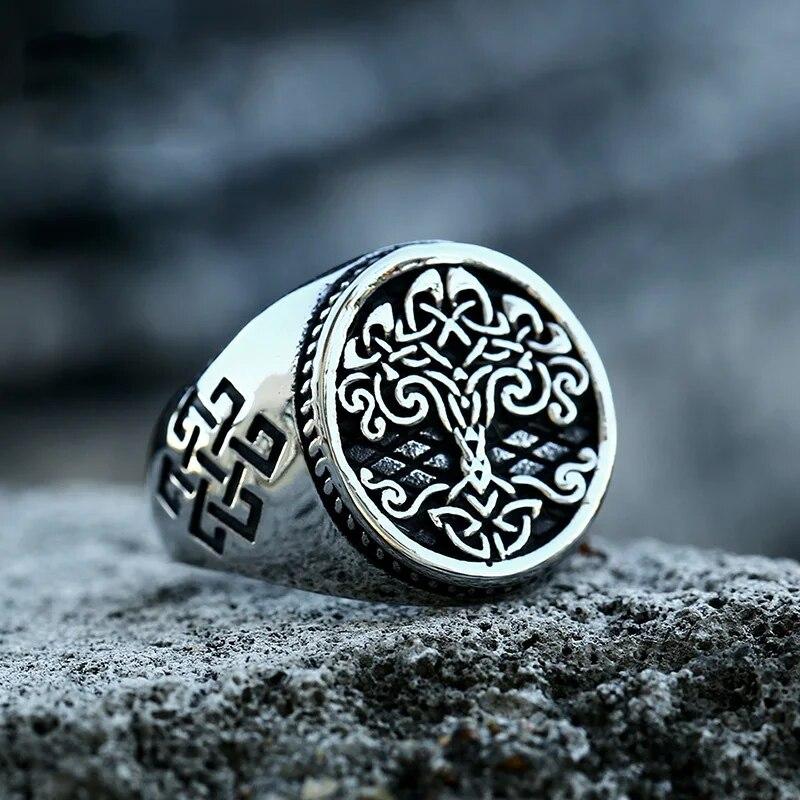 Men Biker Nordic Viking Rings Stainless Steel Retro Nordic Ethnic Belief Odin Viking Rune Ring Men Amulet Jewelry