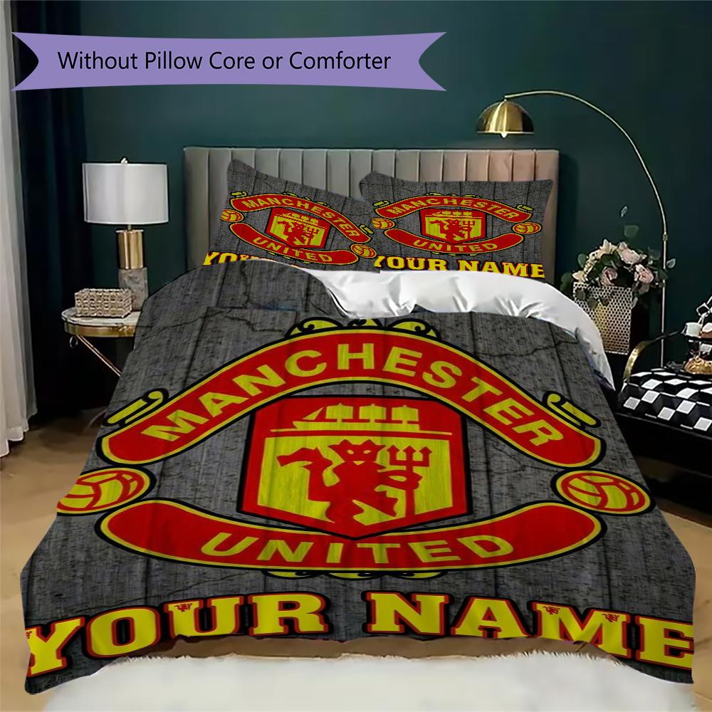 Custom Name Manchester United Pattern Bedding uilt Set uilt Cover Pillowcase Home Decoration Birthday Gift (1*duvet cover+2*pillowcase without core)