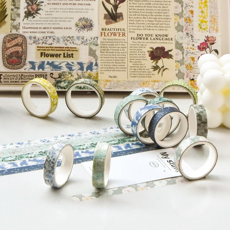 YUBX Masking Blooming Floral Washi Cute Thin Strips for DIY Gift and Gift Decorations of Tape, 30-Piece Set, Tape, Crafts, Journals, Planners,