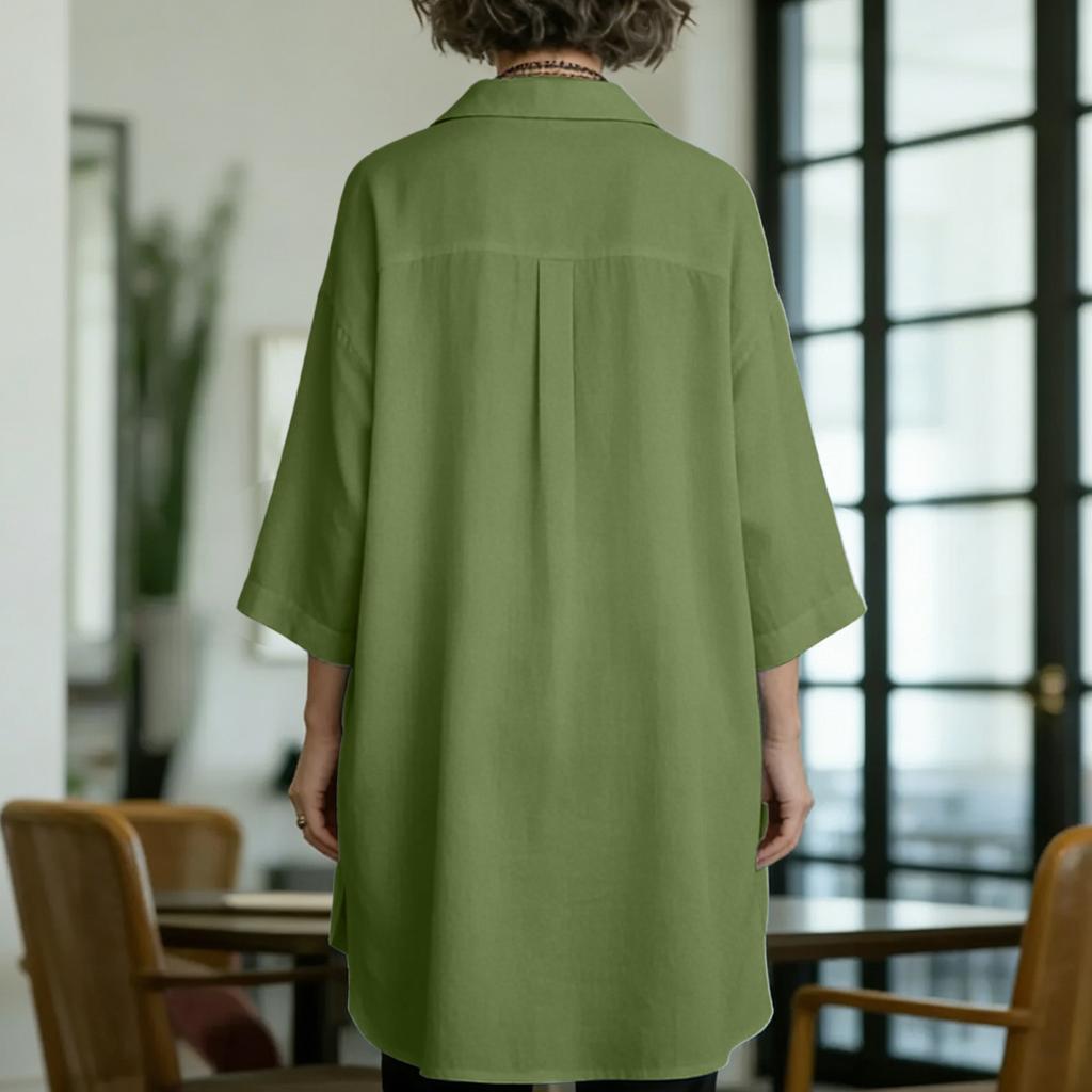 Женская модная повседневная свободная хлопково-льняная блузка однотонная с пуговицами спереди, укороченная сзади, удлиненная спереди