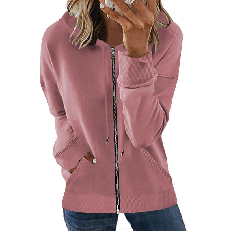 New European and American Autumn and Winter Zipper Cardigan Jacket Women's Casual Solid Color Loose Versatile Hooded Jacket Top