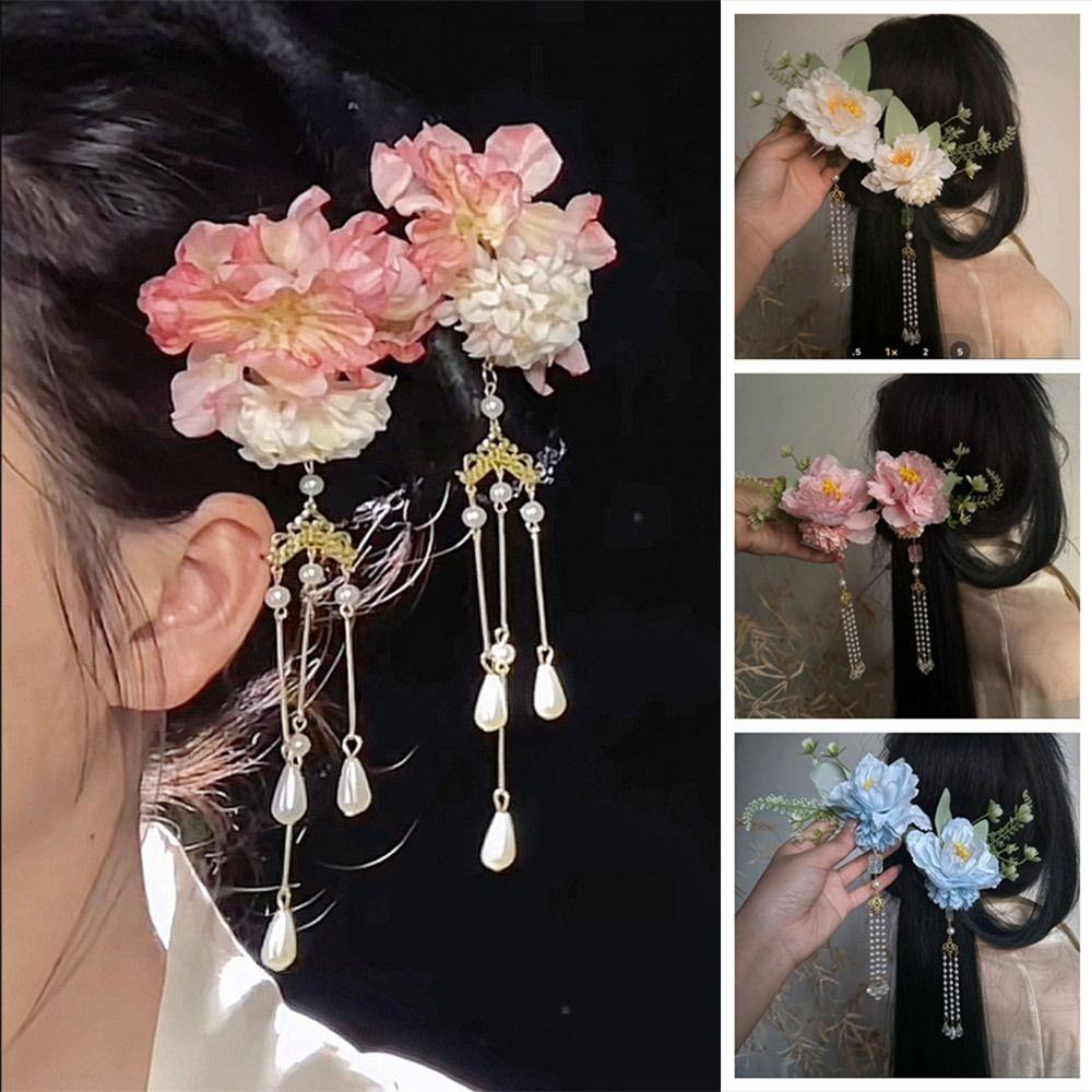 2PCS Handmade Flower Hairpin Pearls Hanfu Hairpin Exquisite Floral Hair Clip Hair Accessories
